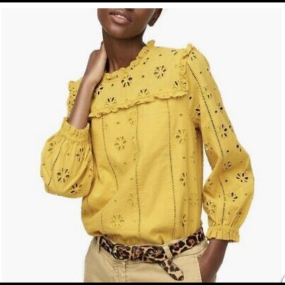 J Crew Mustard Yellow Ruffle Neck Long Sleeve Blouse